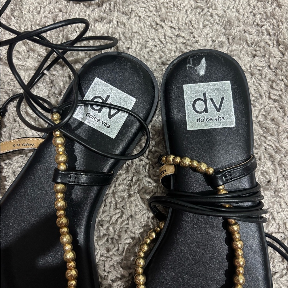 DV by Dolce Vita Black Sandals with Gold Beaded T-Strap and Lace-Up Ankle Ties - Picture 2 of 3